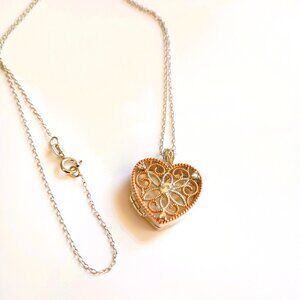 PAJ 925 Filigree Heart Locket Necklace 18" Sterling Silver Pendant Crystal